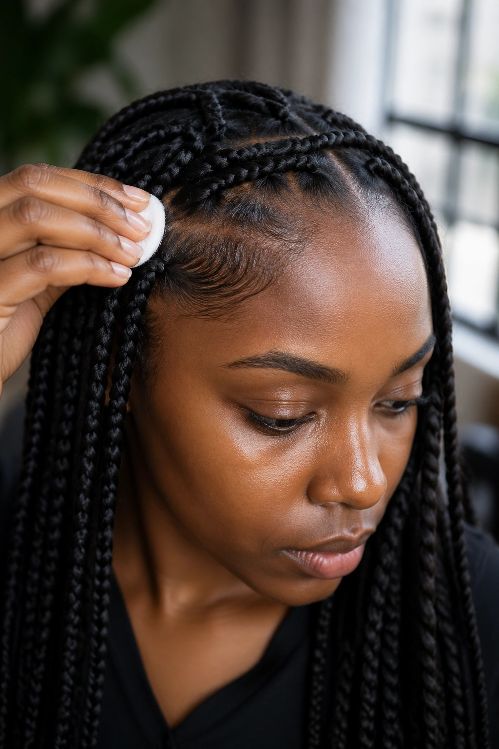 Real person with edge protection along hairline of long pondo