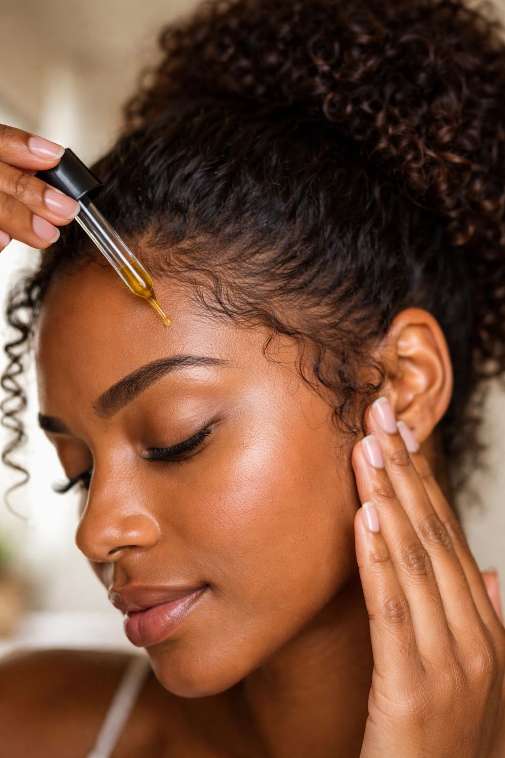 Close-up of a Black woman's hairline being cared for with oil.