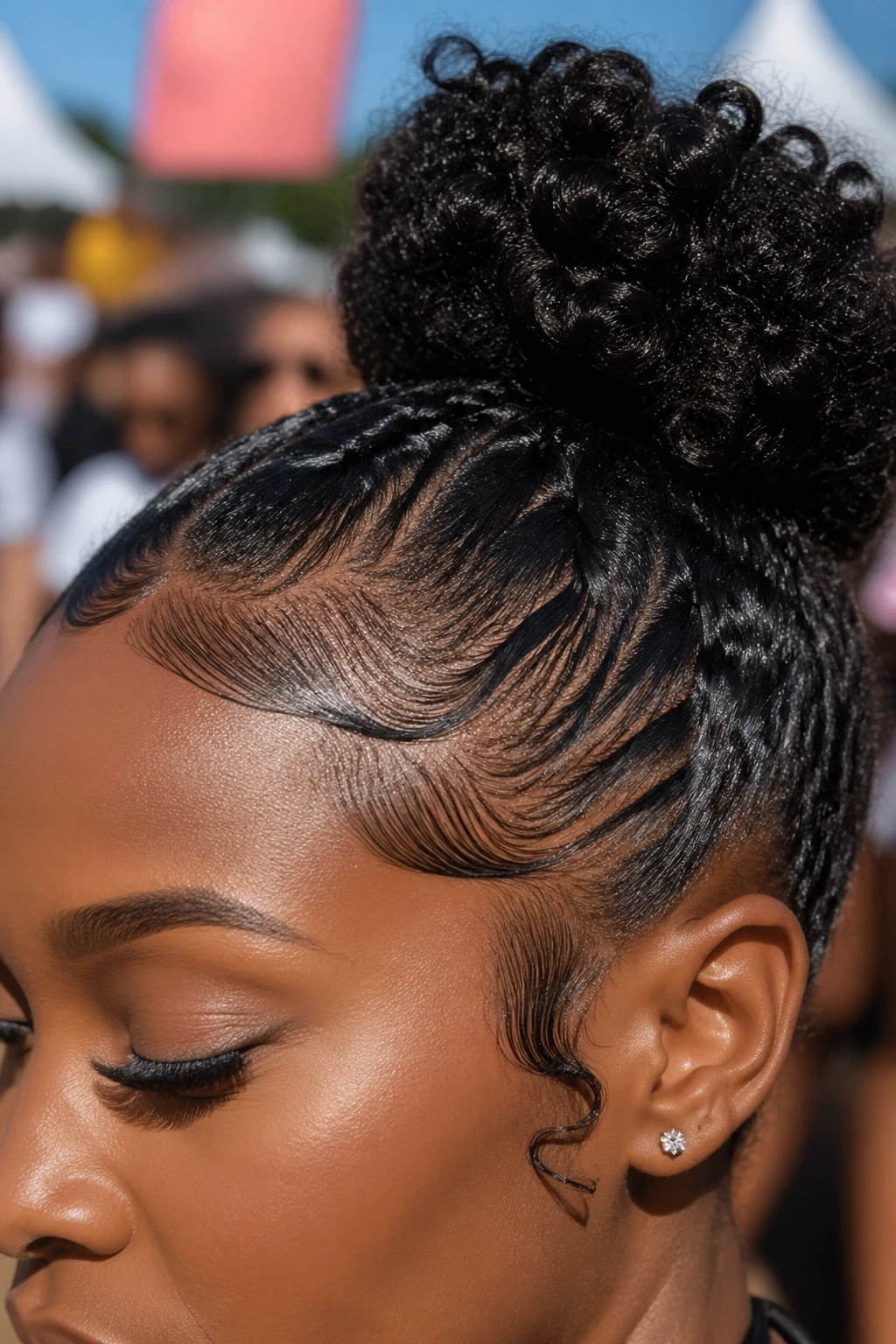Close-up of a person showing laid edges and glossy finish at a festival