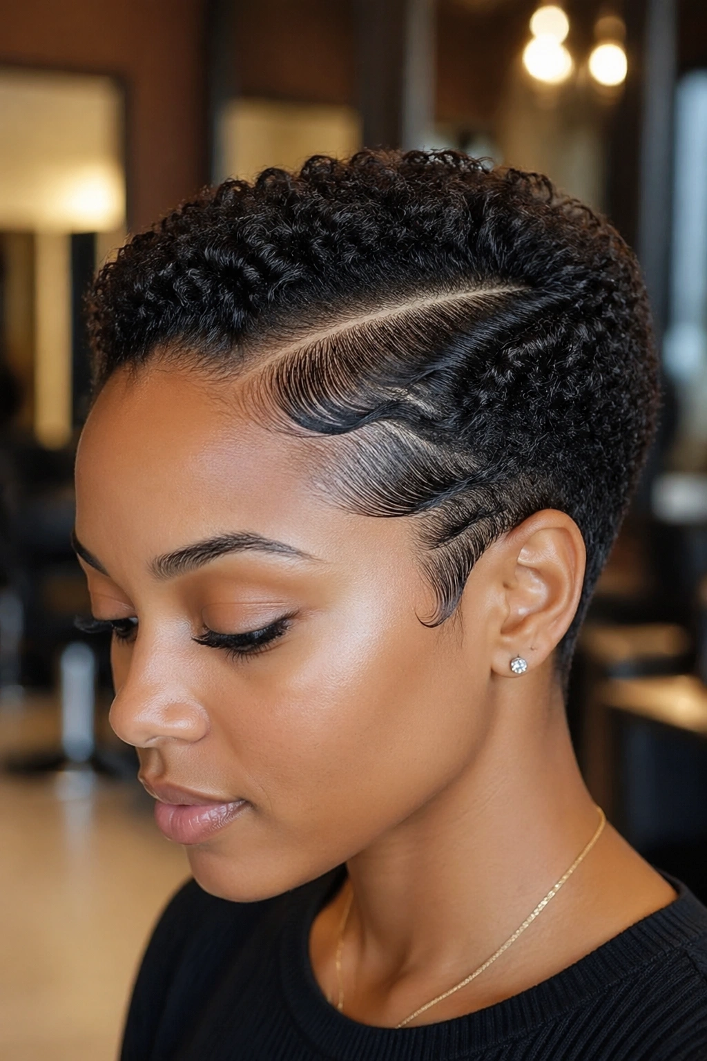 Portrait highlighting crisp edges and a straight part on a petite hairstyle