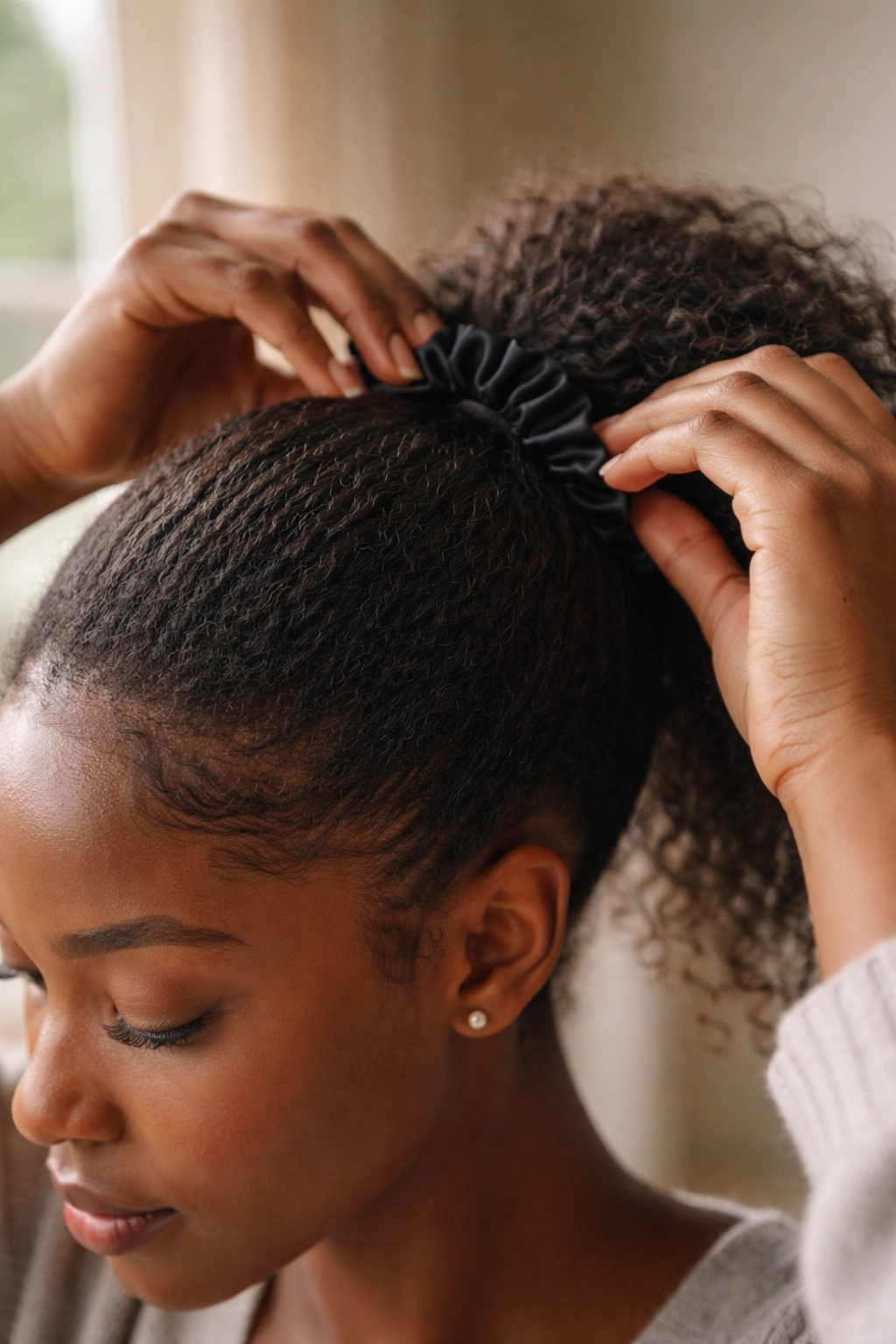 Close-up of hands adjusting a loose ponytail at the hairline to protect edges