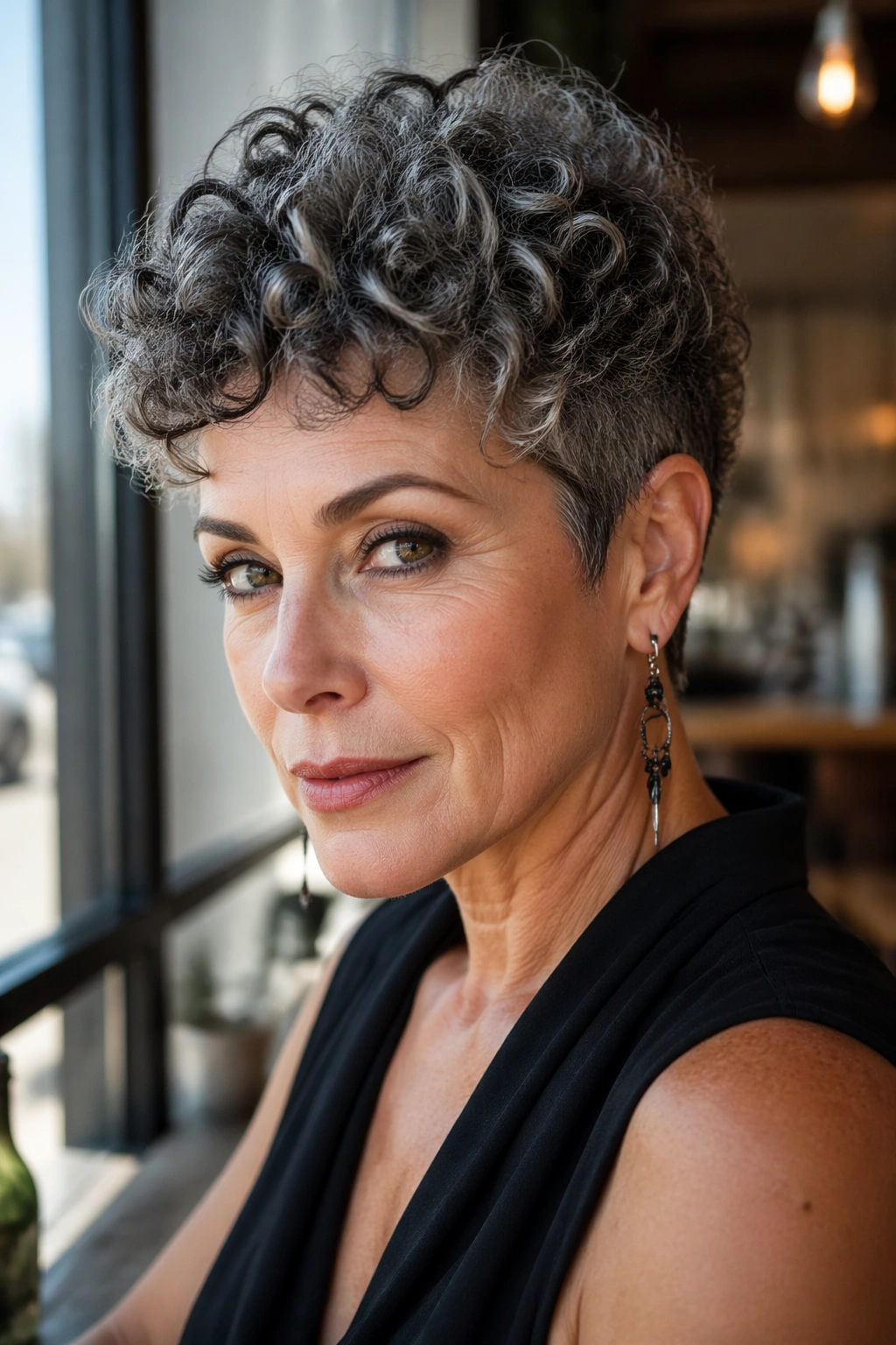 Close-up of a real woman with an edgy curly pixie and defined outline in urban light