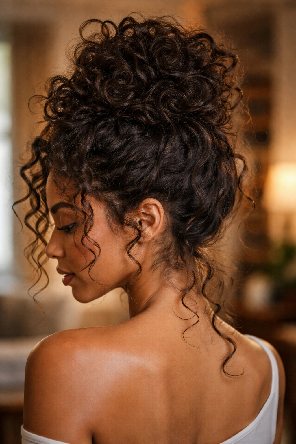 Close-up of a real woman with an effortless messy bun updo and tucked curls