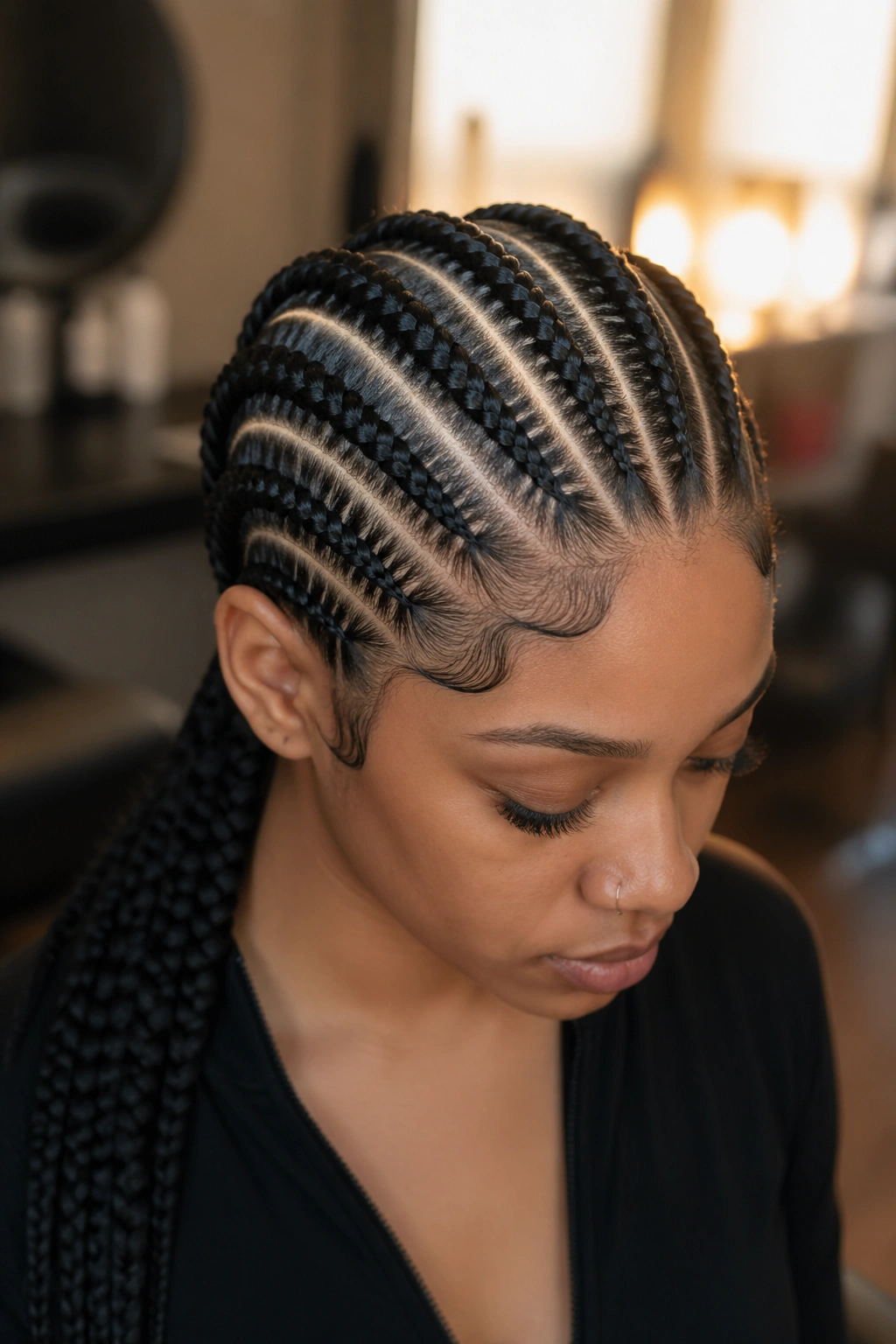 Close-up of a real woman with eight cornrows and even parts.