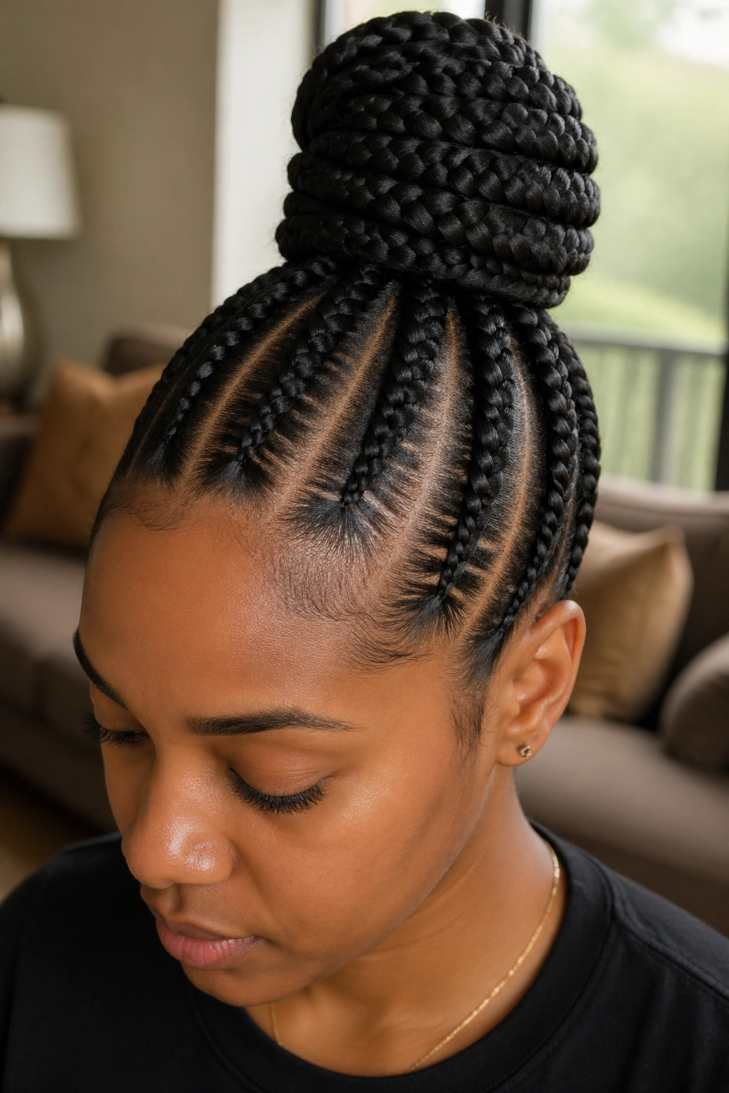 Close-up portrait of a real person with eight cornrows leading to a high bun atop the head