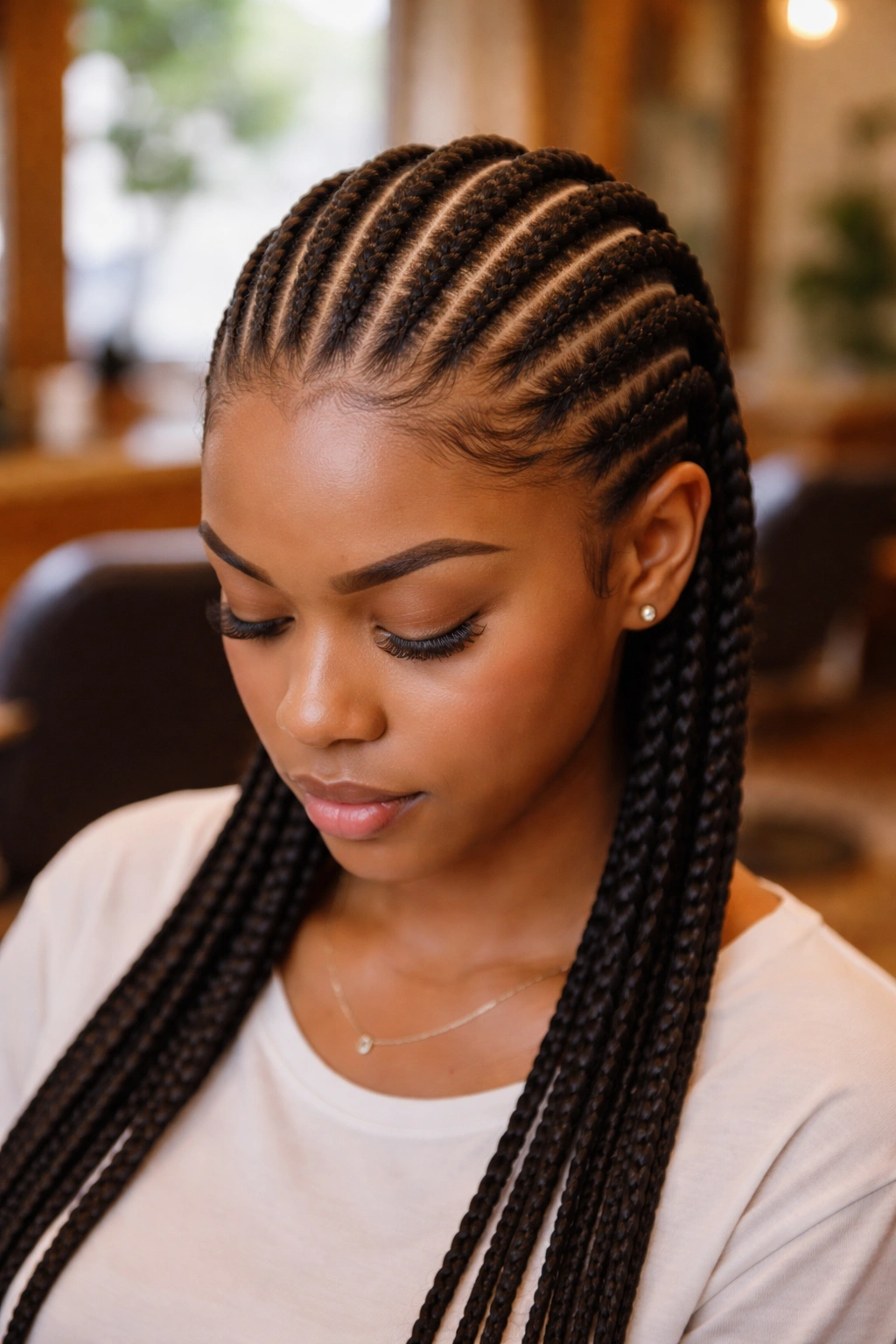 Close-up of real person with eight narrow straight-back cornrows