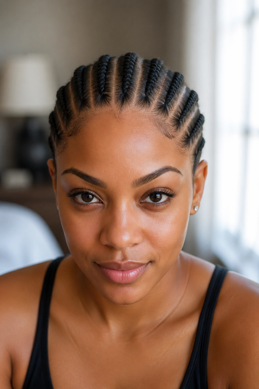 Close-up portrait of a real person with eight straight-back cornrows.
