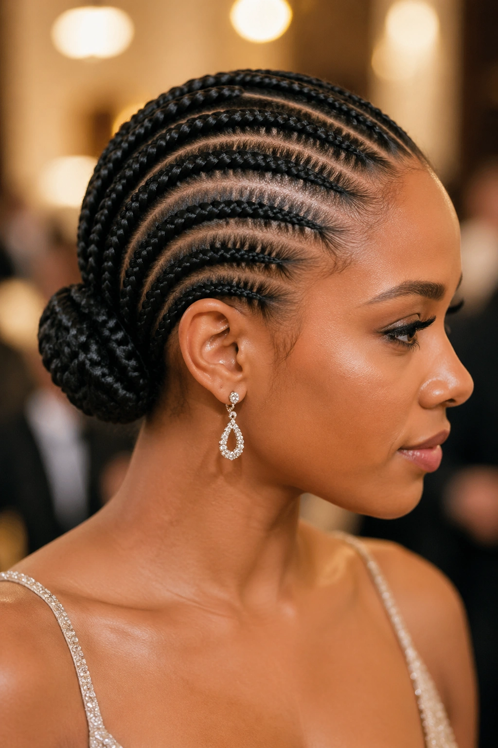 Close-up of a real person with eight cornrows forming a hidden pony updo, elegant formal hairstyle.