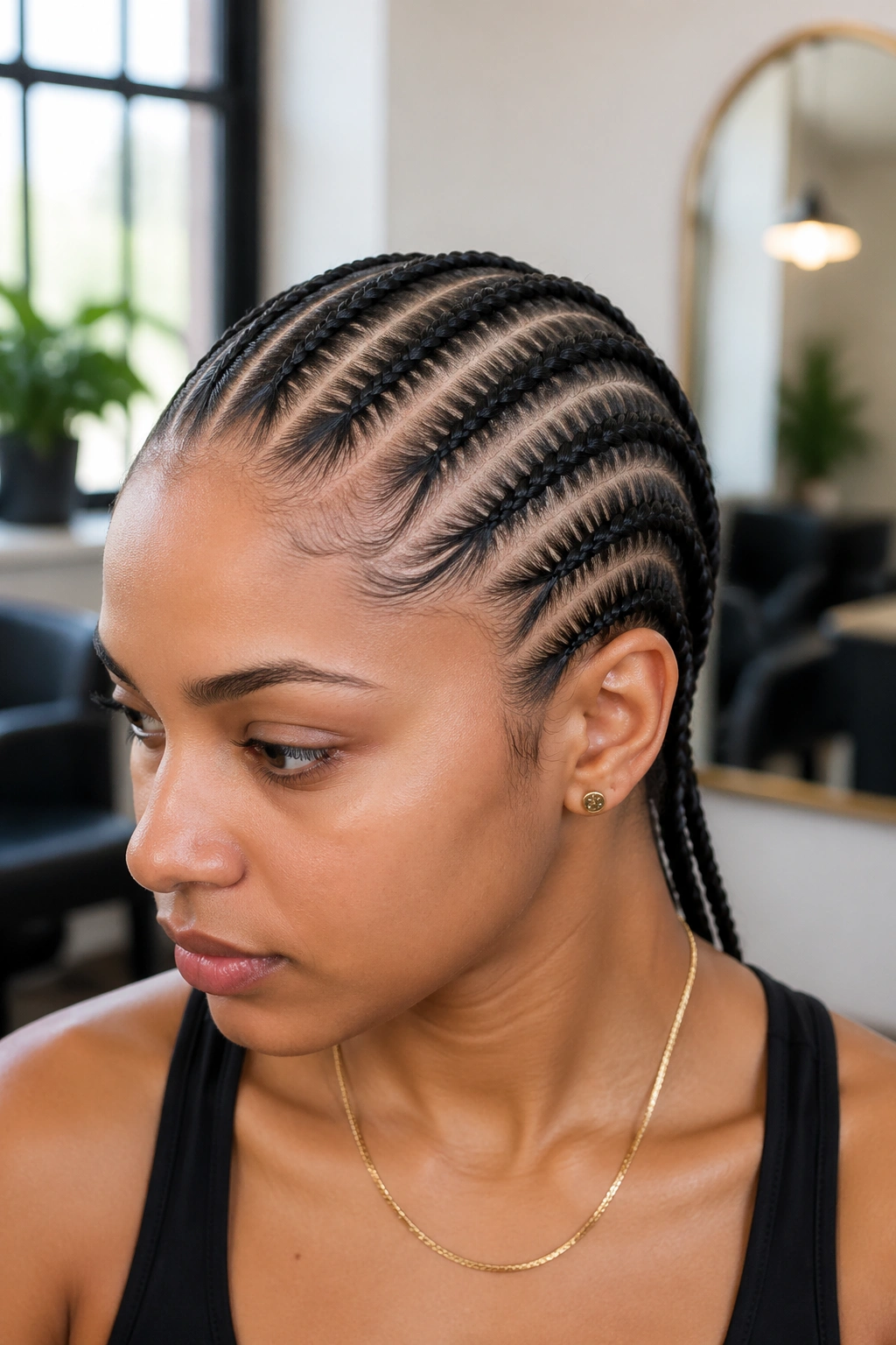 Close-up of person with eight straight back cornrows showing even rows and clear parts.