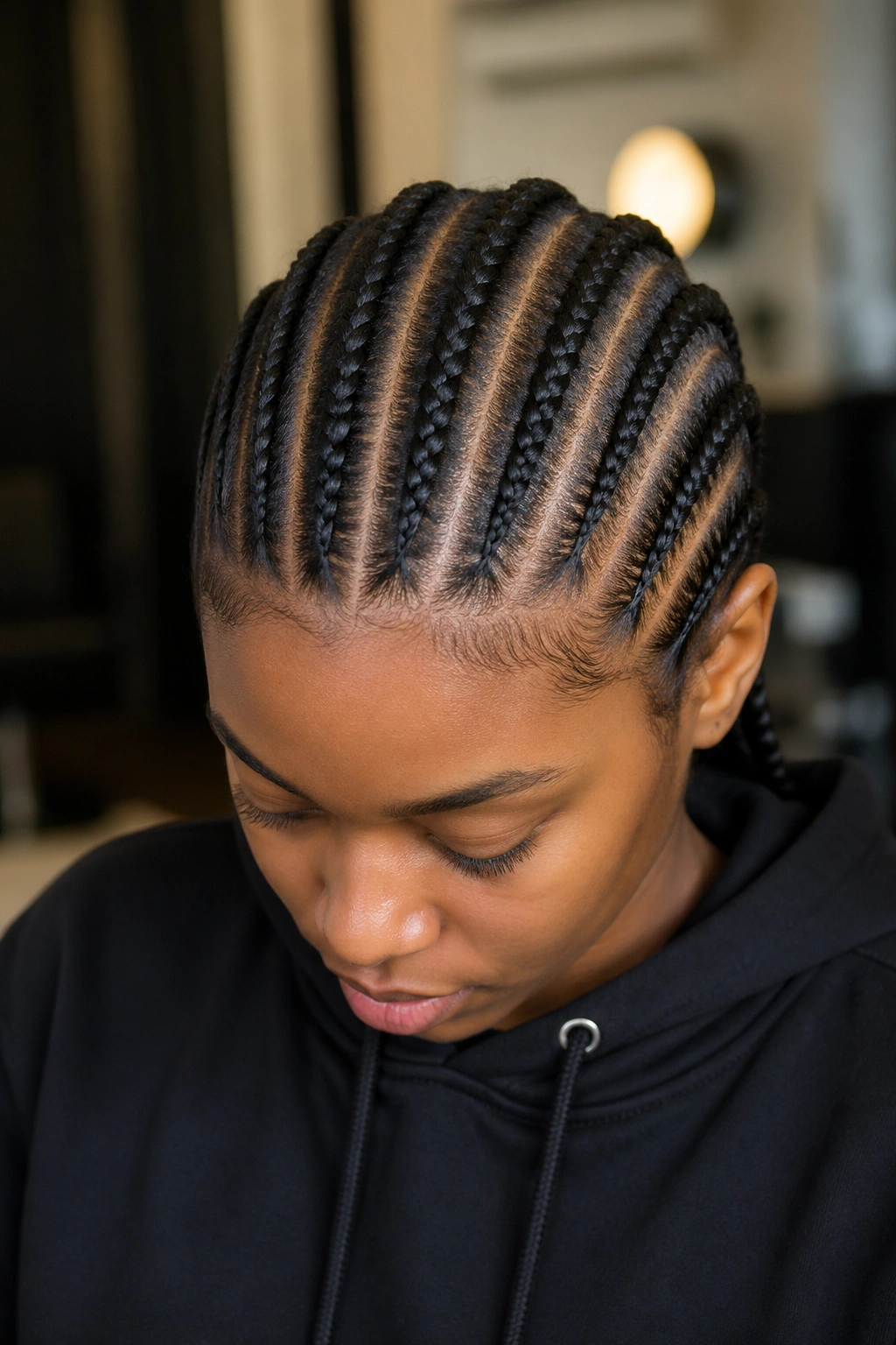 Portrait of a real person with eight straight-back cornrows from hairline to nape.