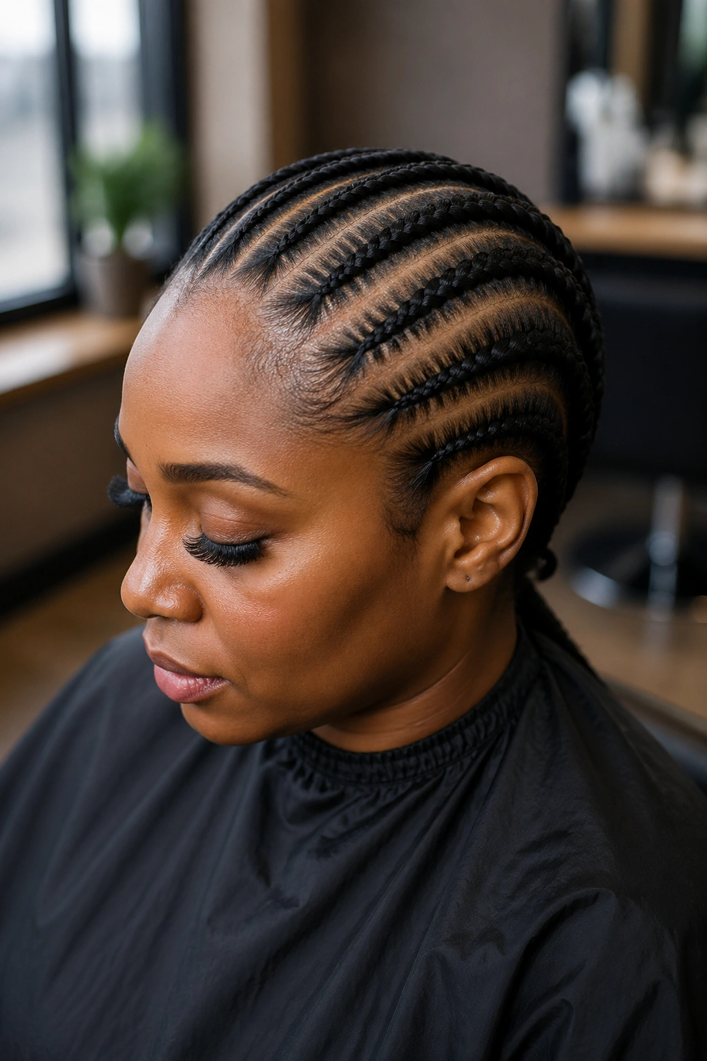 Close-up portrait of a real woman with eight straight back cornrows in a softly lit salon