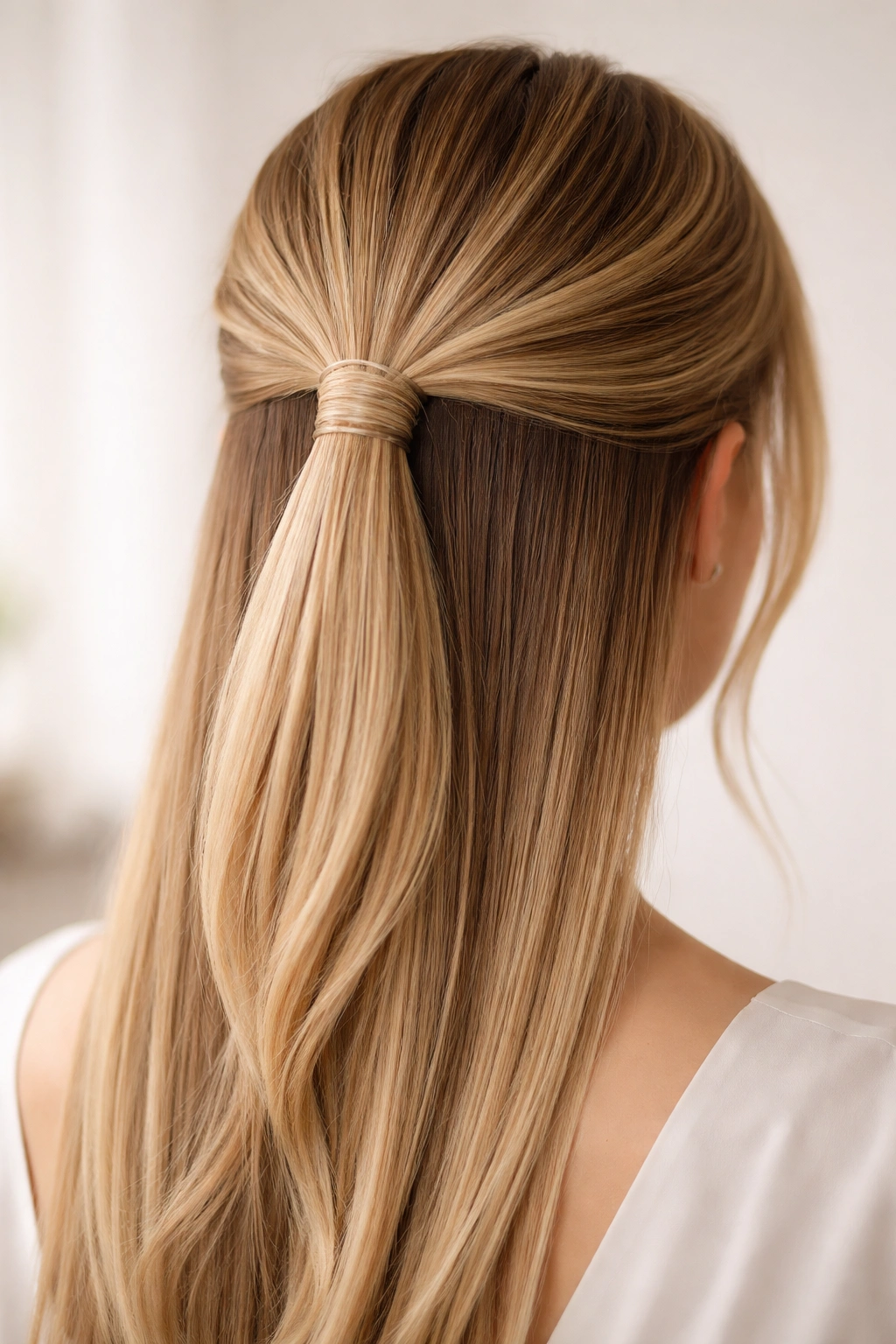 Back view of half-up ponytail showing elastic hide technique