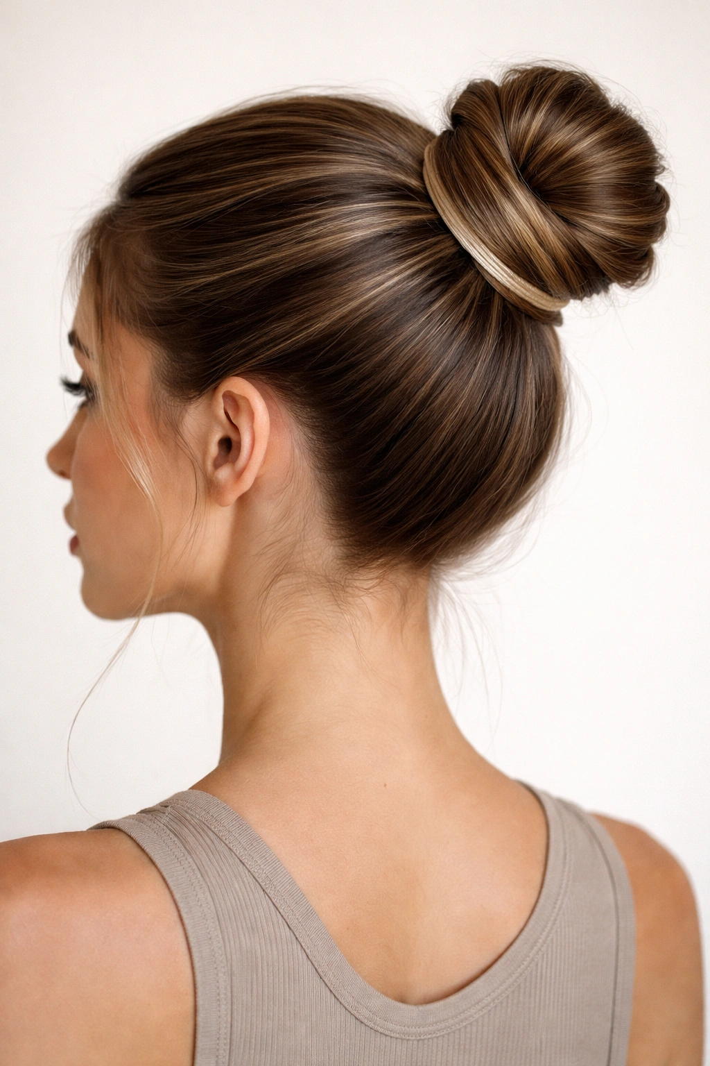 Close up of an elastic-locked high bun secured with two small elastics around the base