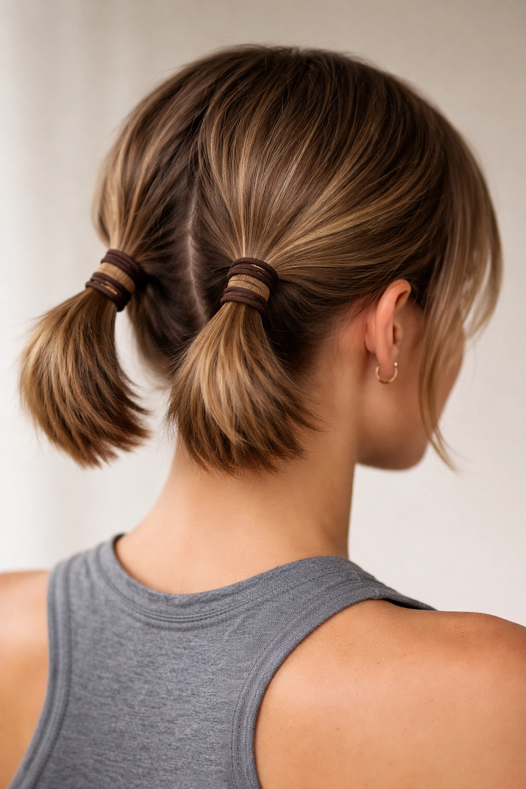 Back of head with two stacked elastics on each short ponytail