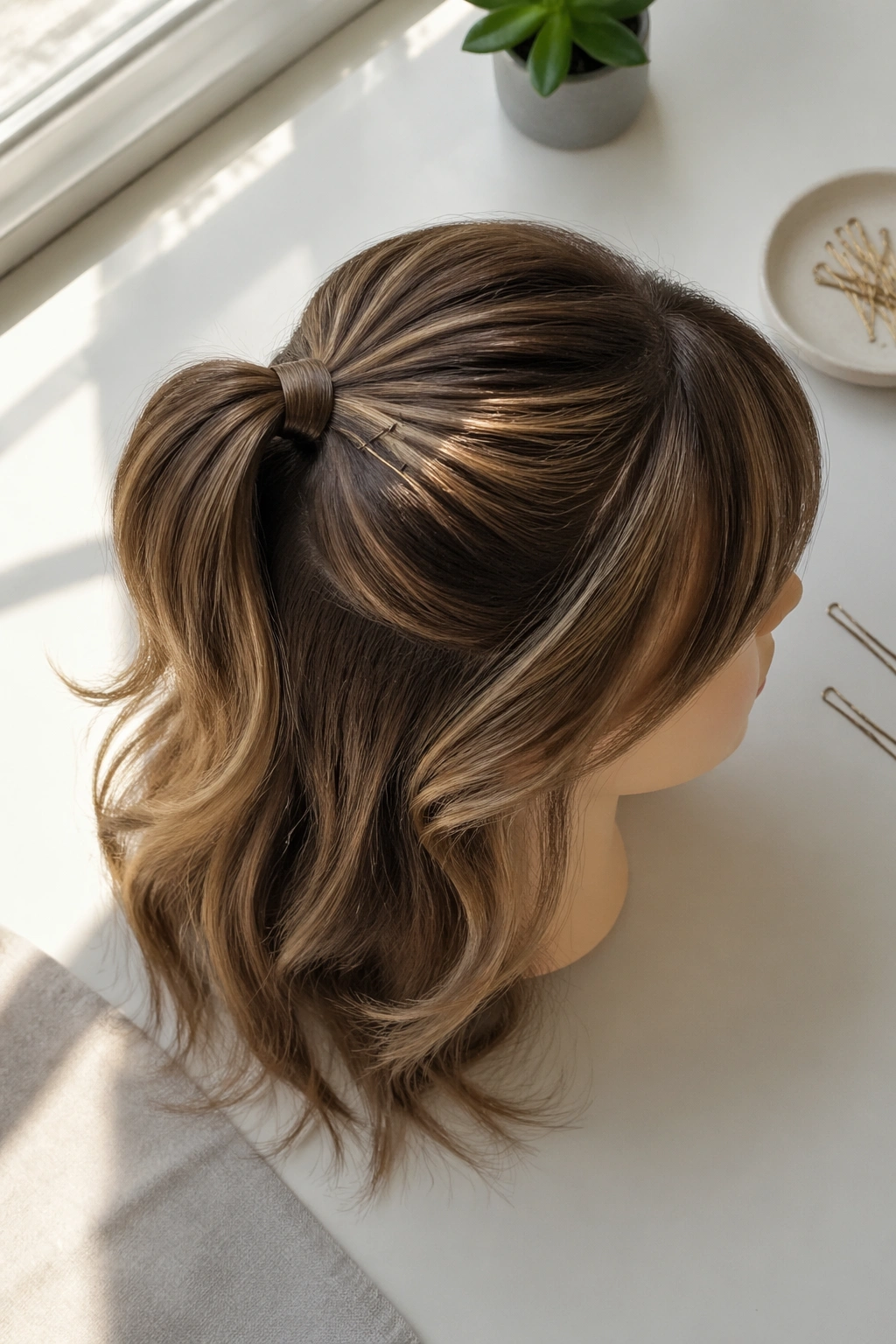 Wrapped-elastic half up ponytail with side-swept bangs from overhead