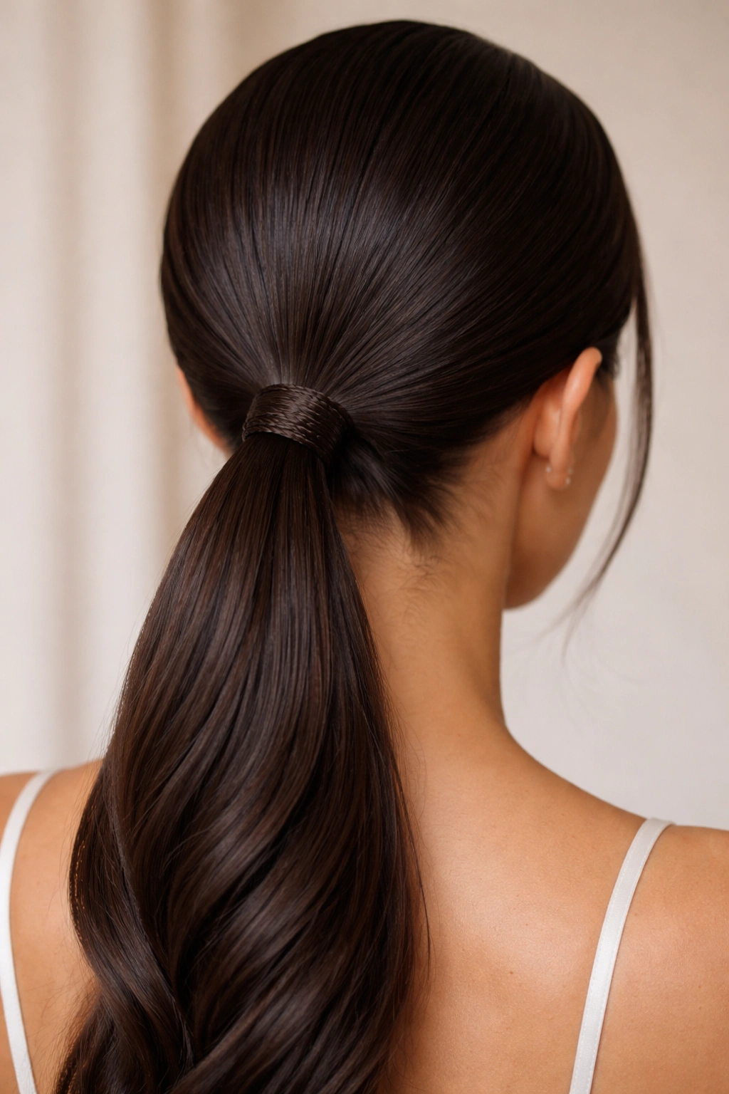 Low ponytail with a thin braid wrapped around the elastic at the base
