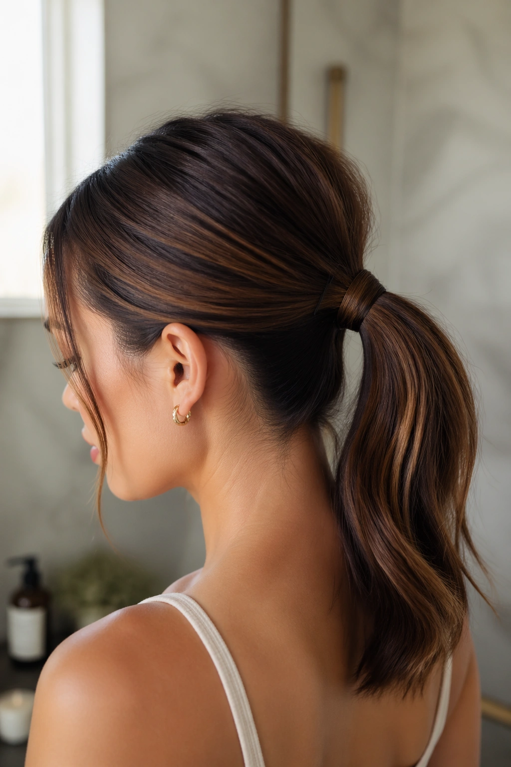 Close-up of a real woman's mid ponytail with a wrapped elastic and hidden pin