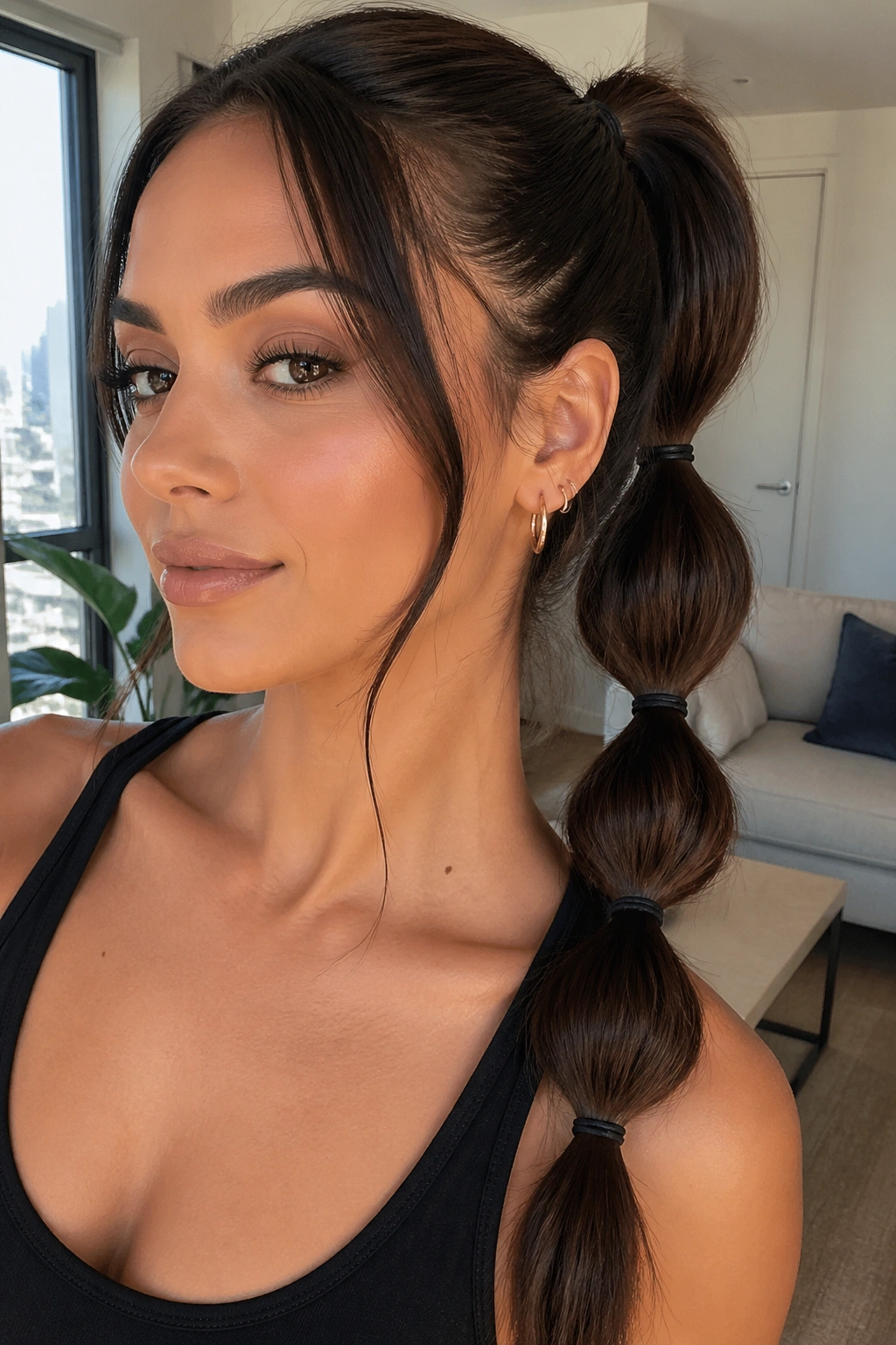Real woman with elastic-stacked double swoop ponytail in living room