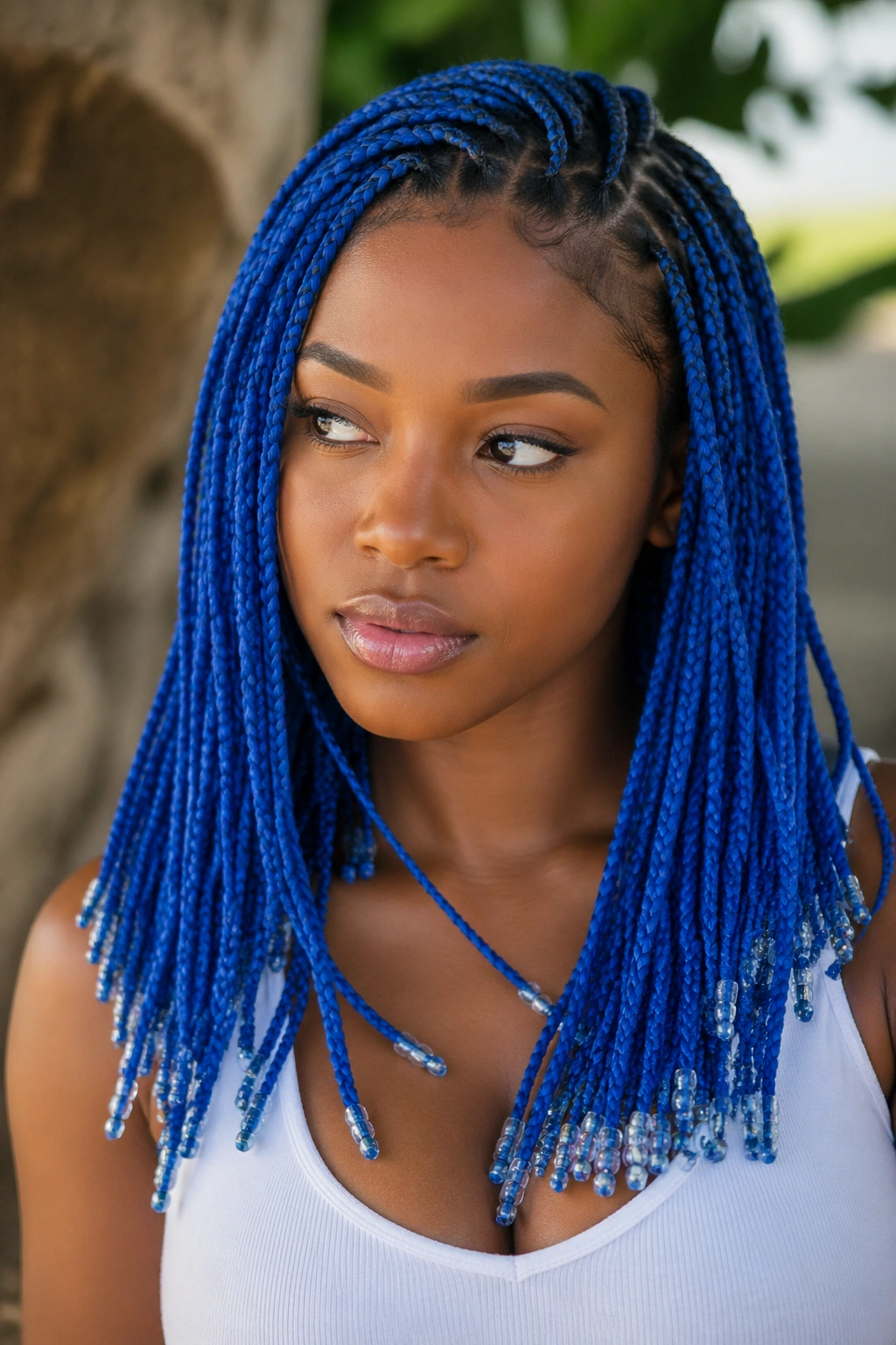 Close-up portrait of a real woman with electric blue knotless box braids and tiny beads