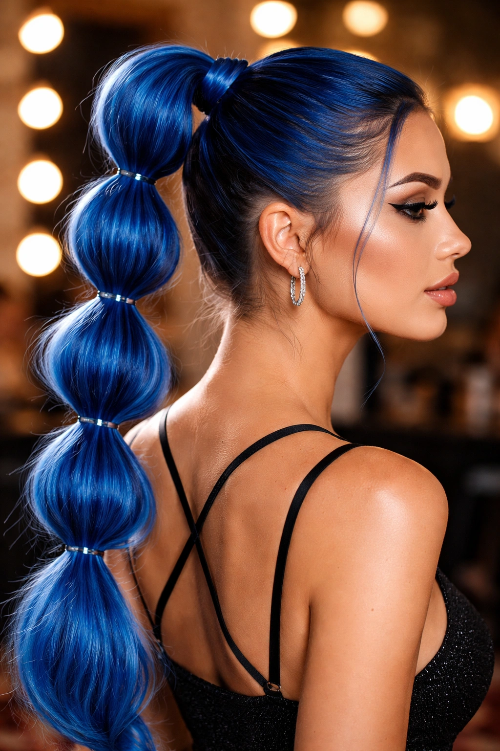 Close-up of a real person with an electric blue bubble braid ponytail and elastic bubbles along the length.
