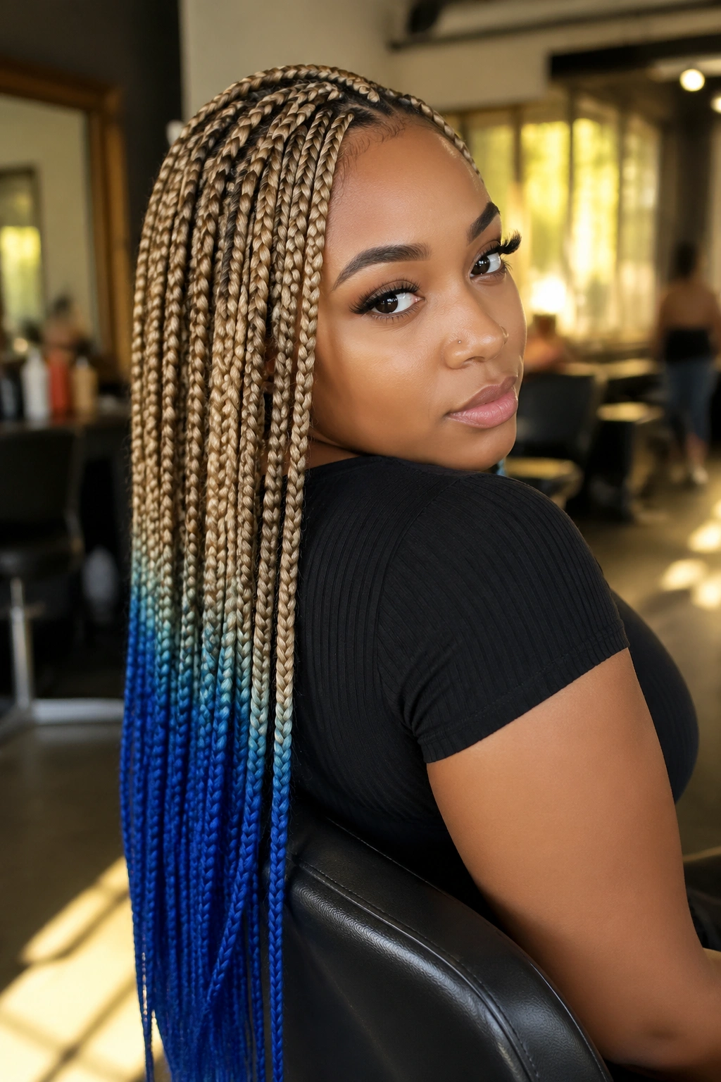 Close-up of a real woman with honey blonde box braids and electric blue ends.