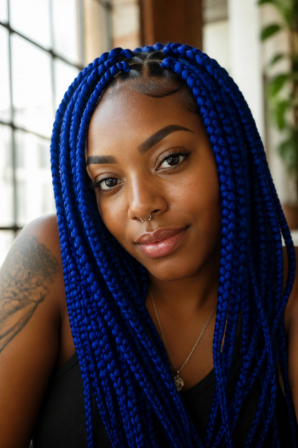 Close-up of real person wearing electric blue jumbo box braids