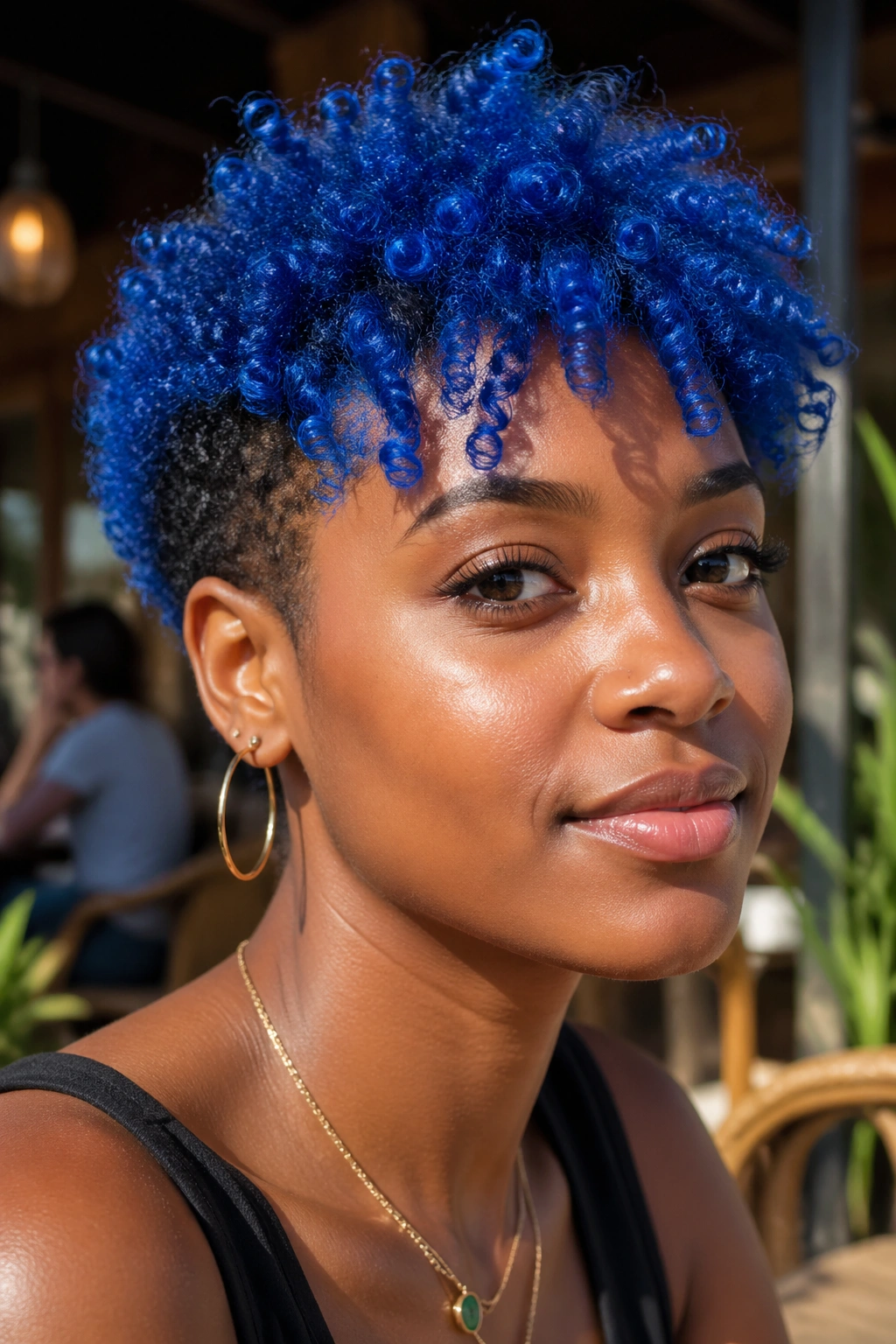 Close-up of a Black woman's natural curls dyed vivid electric blue in natural light