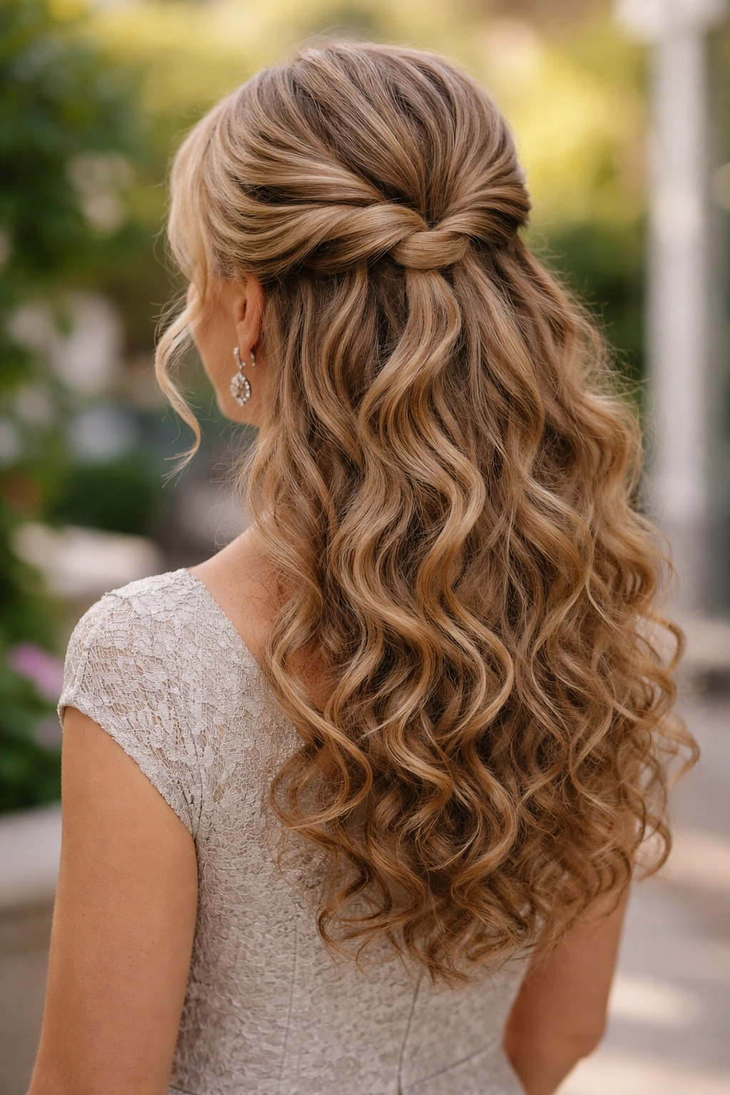 Portrait of a real person with long curly hair in an elegant twisted half-up style.