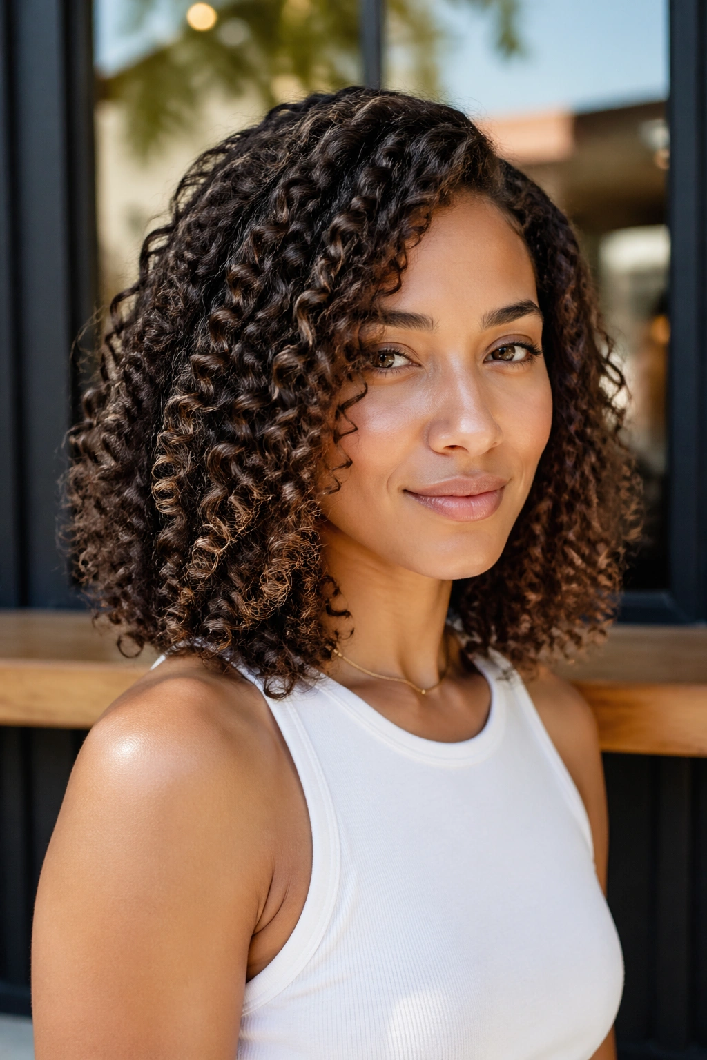 Close-up of a real person with an elongated bob hairstyle