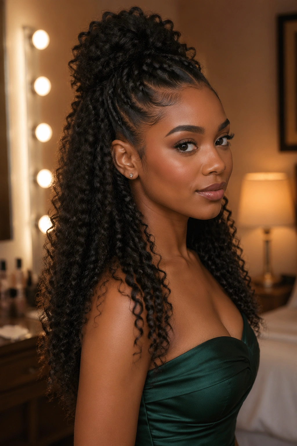 Close-up of a real woman's stretched curls for a formal look in warm dressing-room light