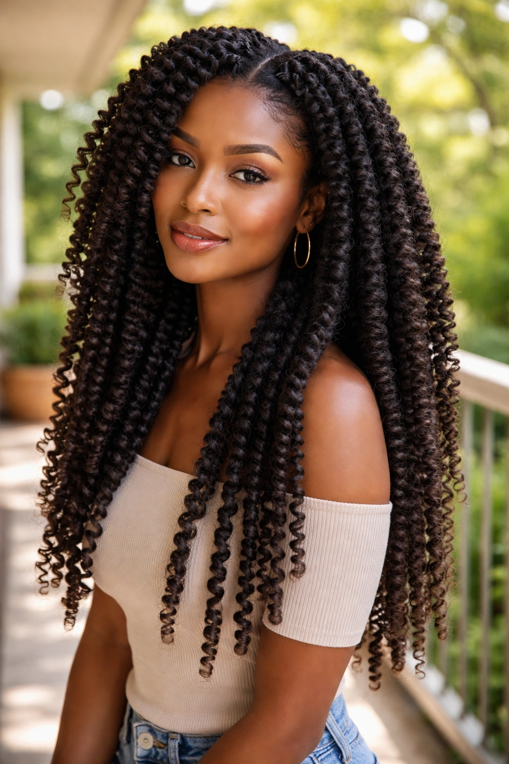 Close-up of elongated tight curls on a real woman outdoors on a balcony.