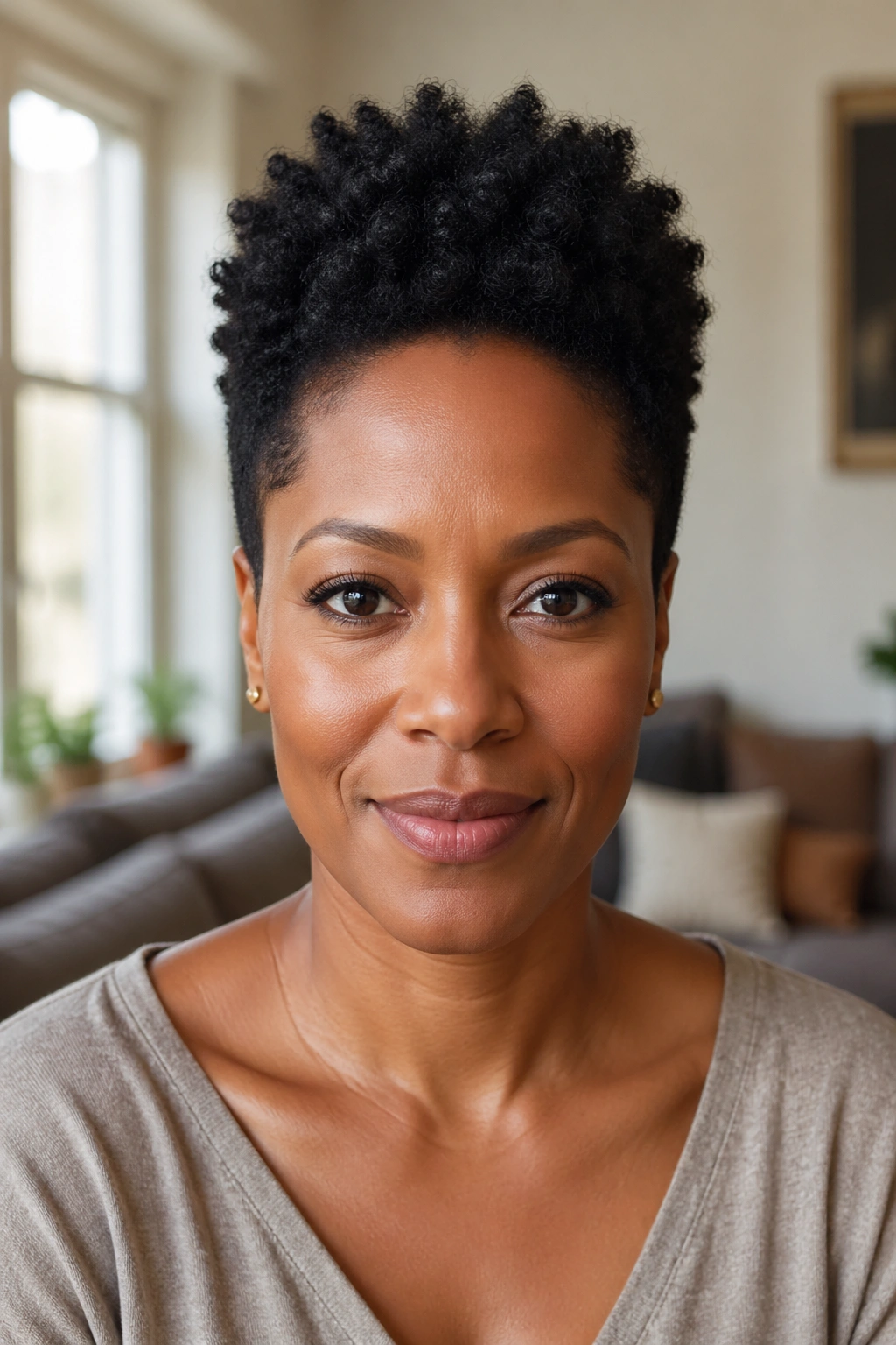 Front portrait of a woman with elongated oval afro shape