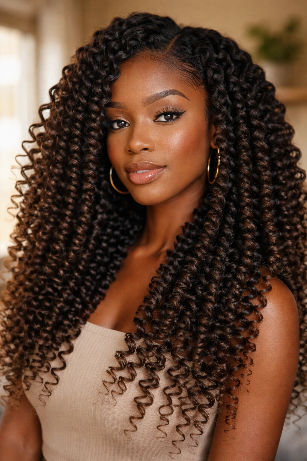 Close-up of a real woman with elongated spiral wand curls fully stretched