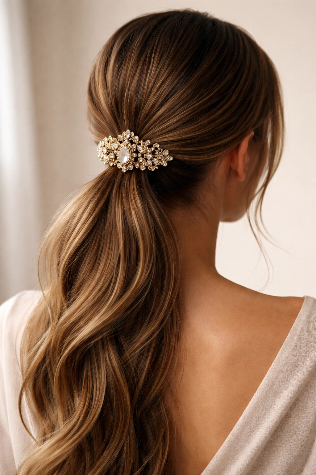 Low ponytail with a large decorative clip at the base