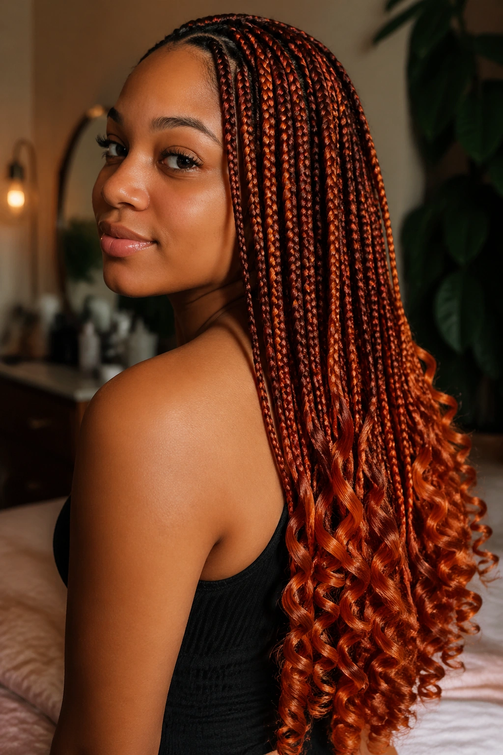 Close-up of a real person with curled-ends ember-toned braids.