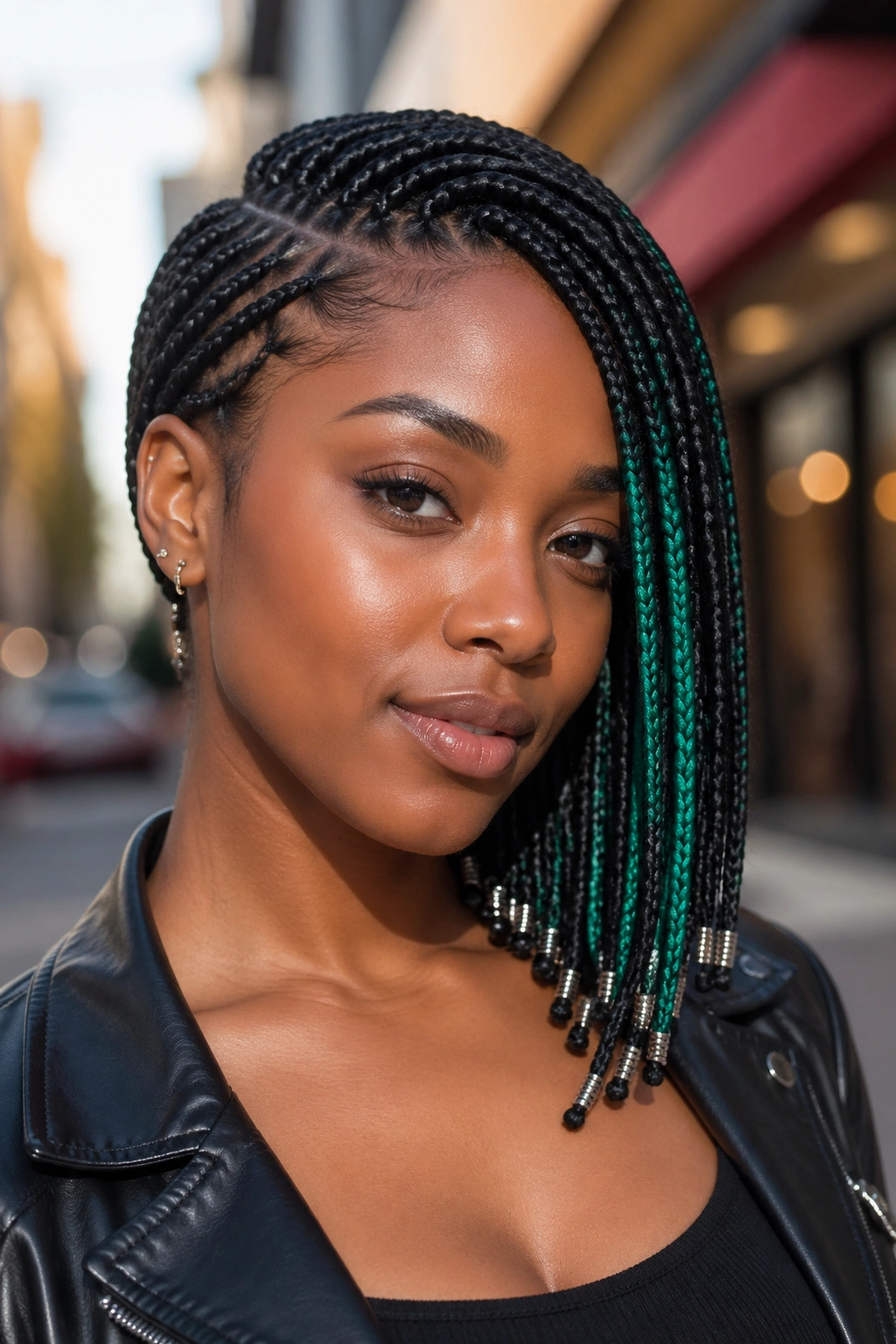 Close-up portrait of An Asymmetrical Emerald Bob hairstyle on a real person