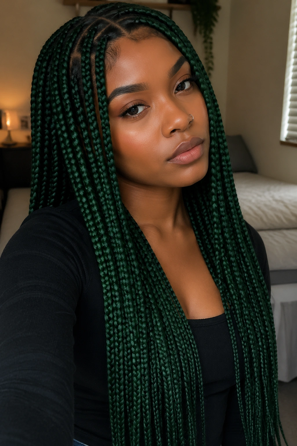 Close-up portrait of a real woman with emerald waist-length green box braids.