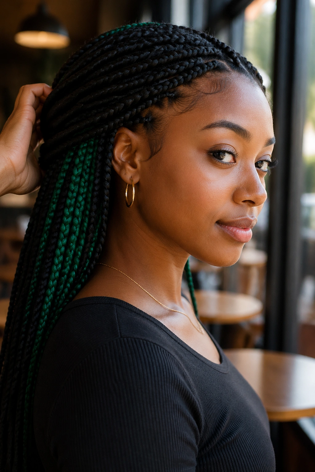 Portrait of a real person with emerald green hidden panels under dark braids