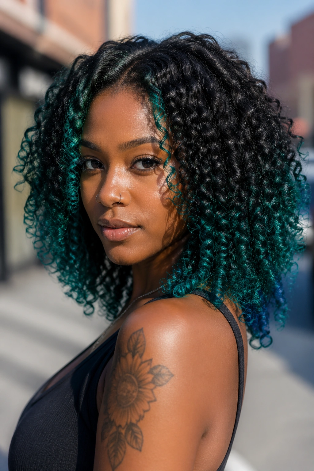 Close-up of Black woman's curls with emerald green accents in daylight