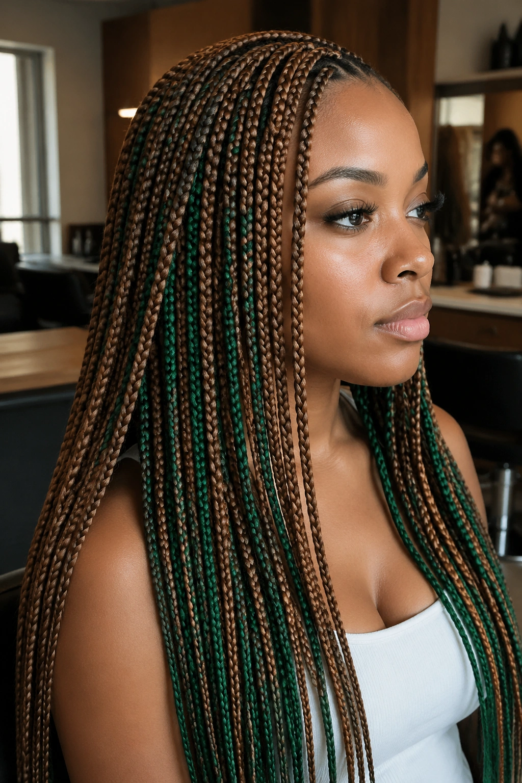 Close-up of a real woman with honey brown braids and emerald peekaboo strands