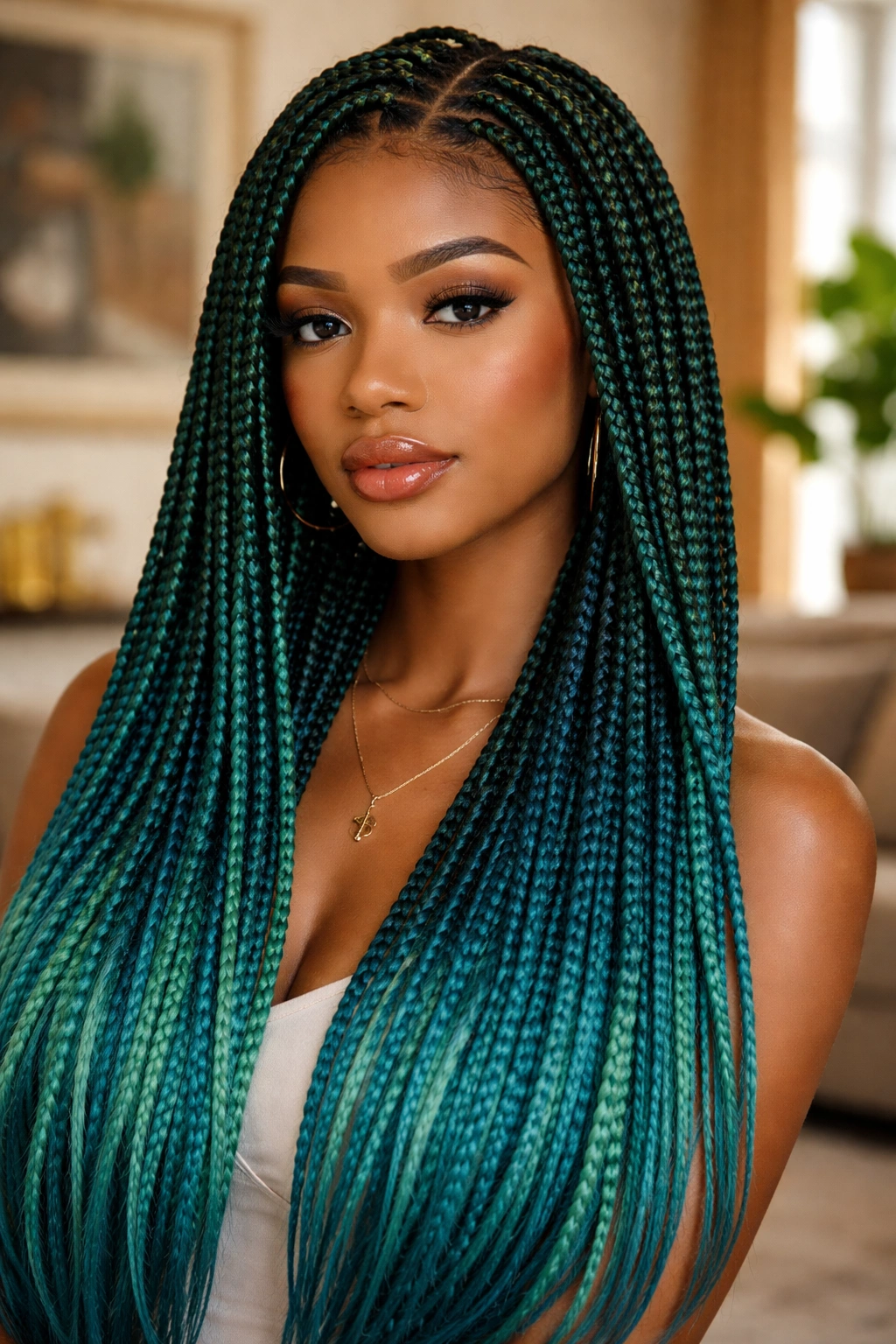 Close-up of emerald to teal jewel tone box braids on a real person