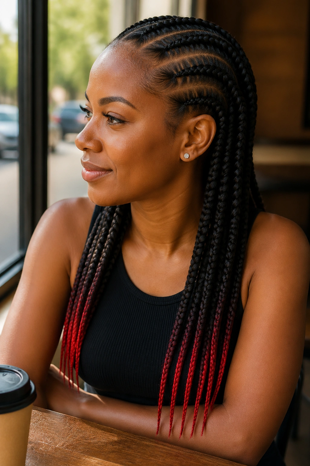 Close-up of a real woman's cornrows with color at the ends only