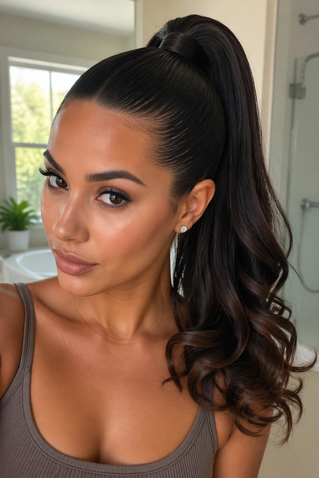 Real woman with curls only at the ends of a high ponytail