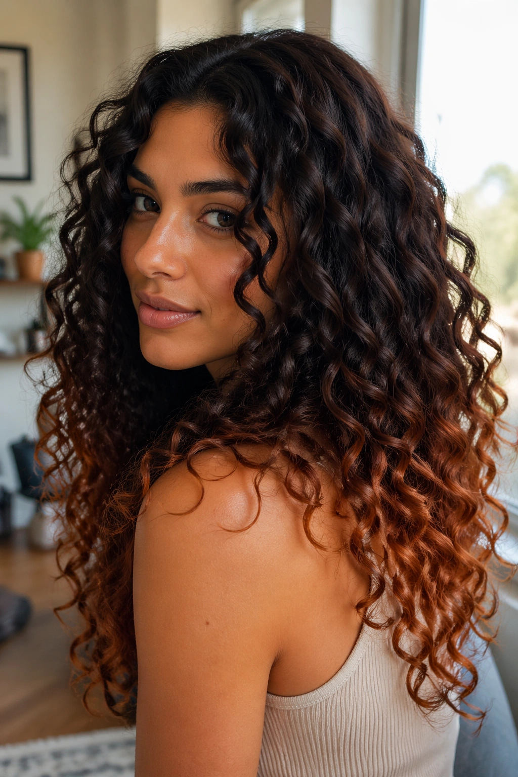 Close-up portrait of a person with espresso roots and auburn ends on curly hair