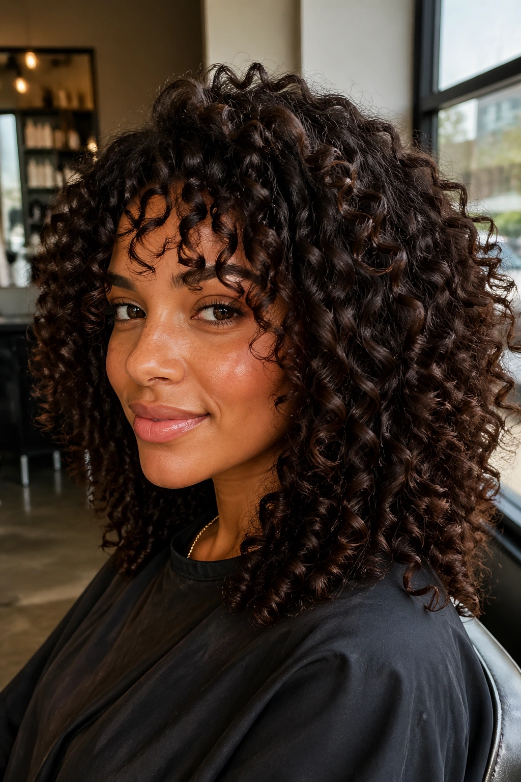 Portrait of a real person with rich espresso brown curly hair