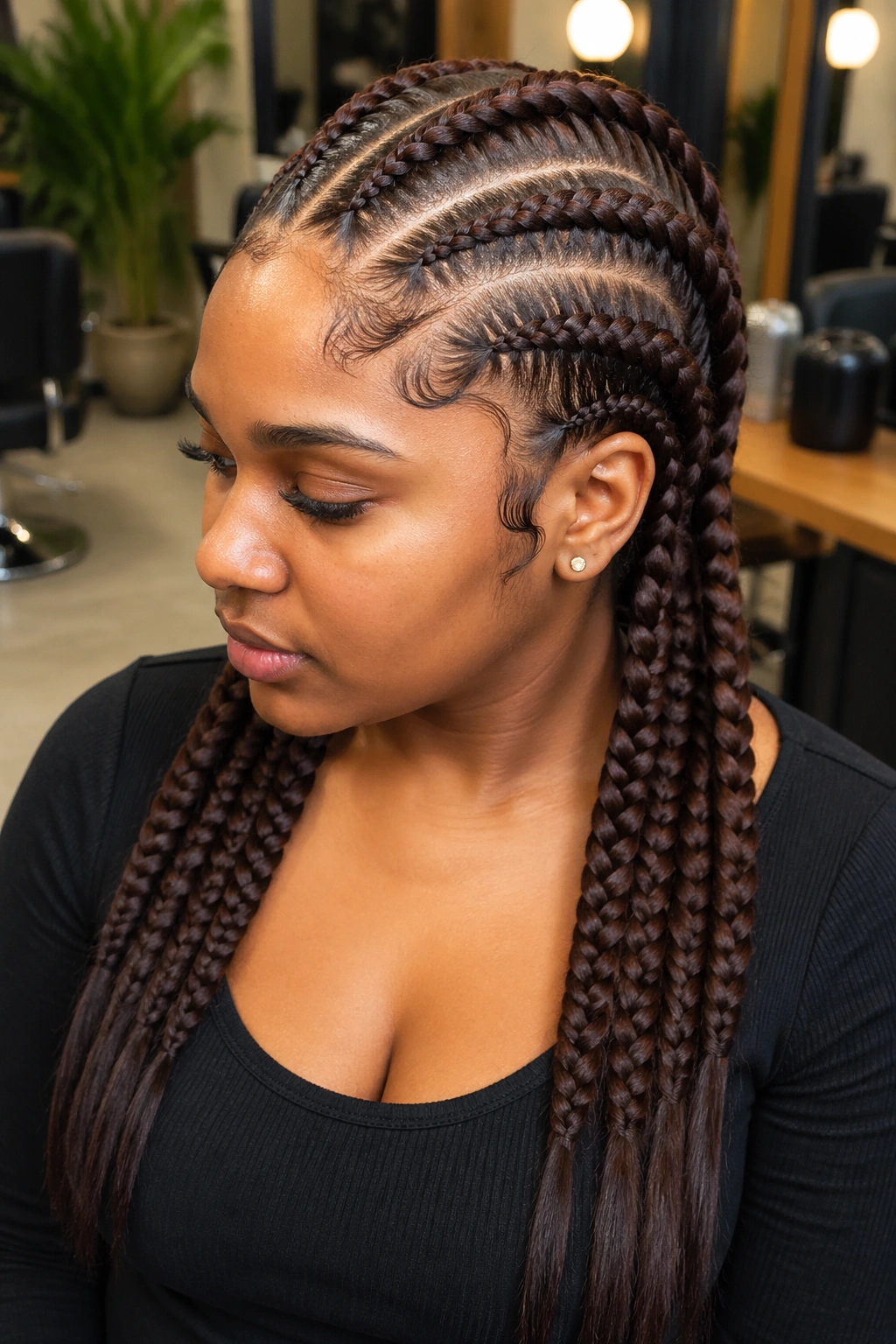 Close-up of a person with four jumbo espresso brown cornrows and straight ends.