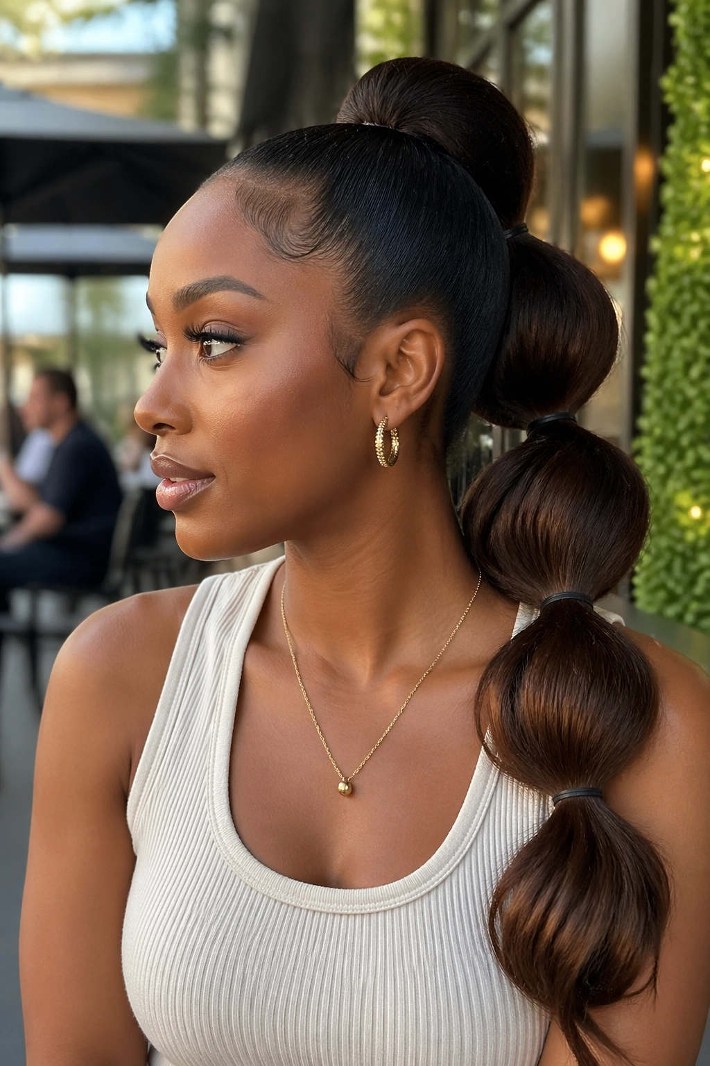 Close-up of a real woman with espresso bubble ponytail in outdoor cafe daylight