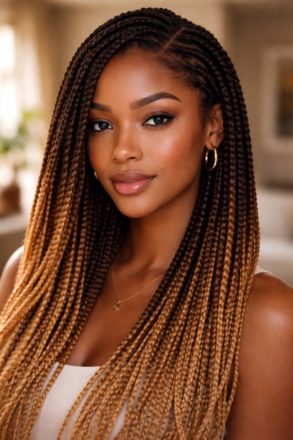 Close-up portrait of a real woman with espresso-to-caramel box braids in warm indoor light