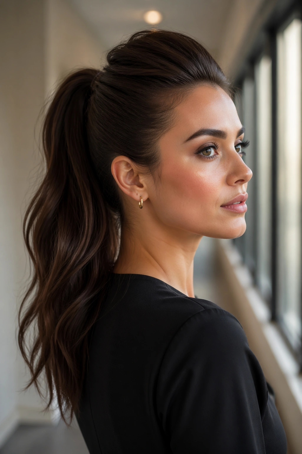 Close-up of a real woman with a lifted crown espresso brown ponytail
