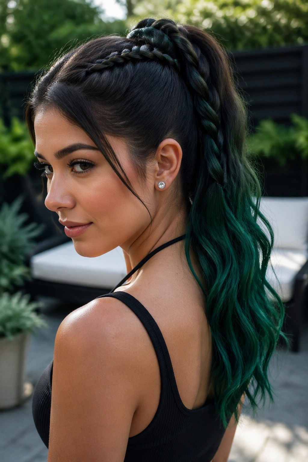 Close-up of a real person with deep espresso to emerald green braided ponytail